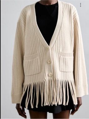 Sandro Fringed Open-Knit Cardigan Sweater in cream